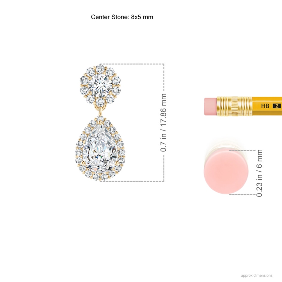 8x5mm FGVS Lab-Grown Pear Diamond Halo Drop Earrings in Yellow Gold ruler