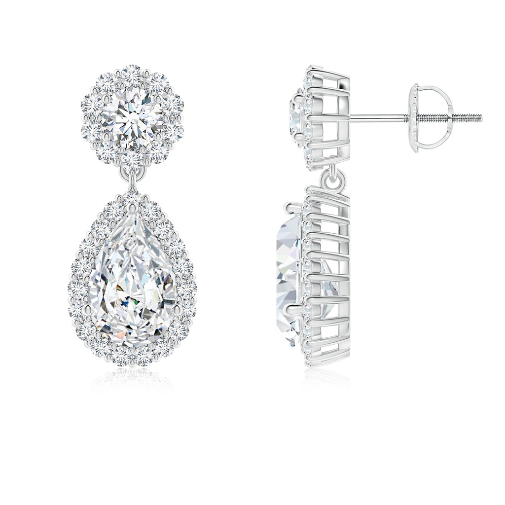 9.5x6mm FGVS Lab-Grown Pear Diamond Halo Drop Earrings in White Gold