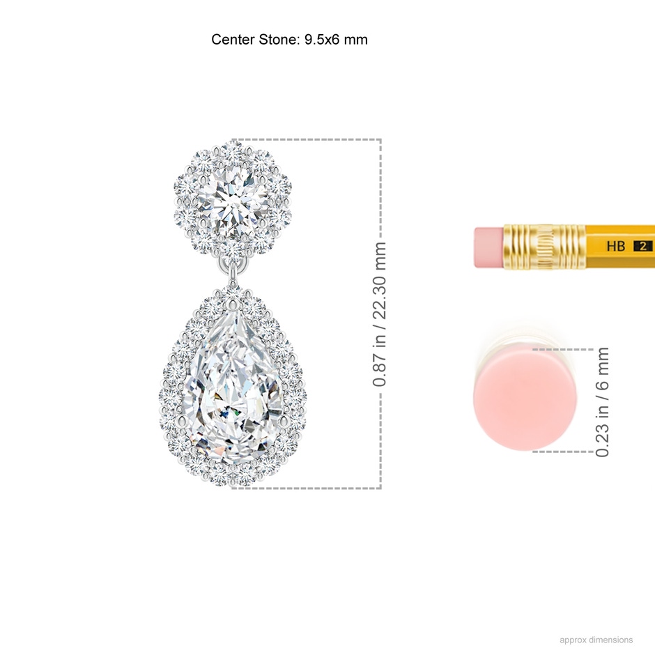 9.5x6mm FGVS Lab-Grown Pear Diamond Halo Drop Earrings in White Gold ruler