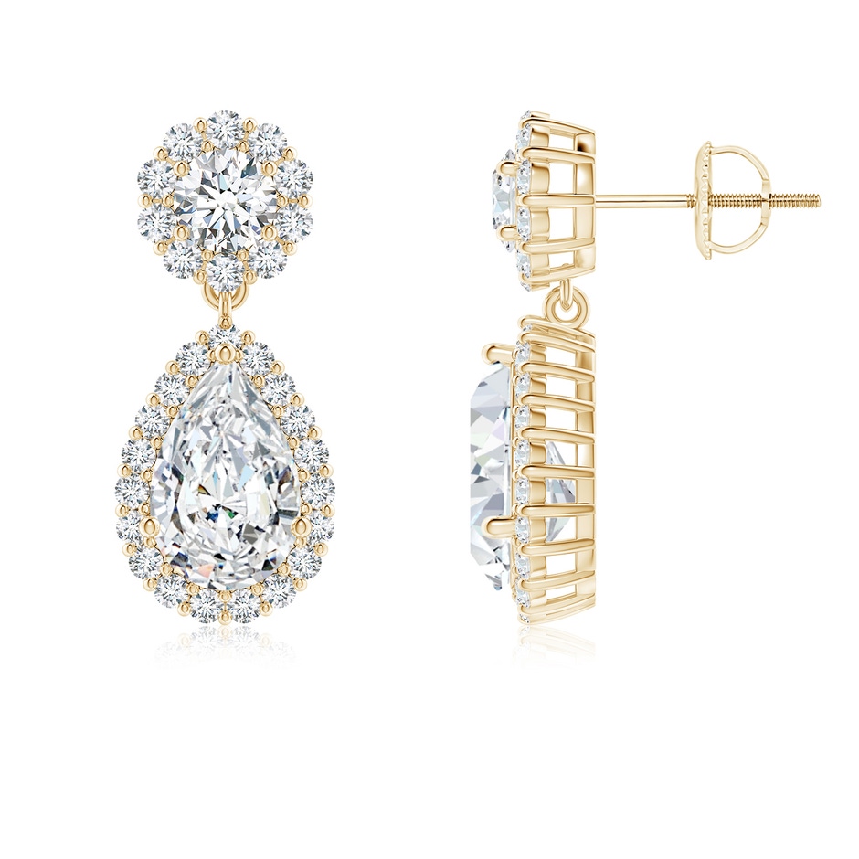 9.5x6mm FGVS Lab-Grown Pear Diamond Halo Drop Earrings in Yellow Gold 