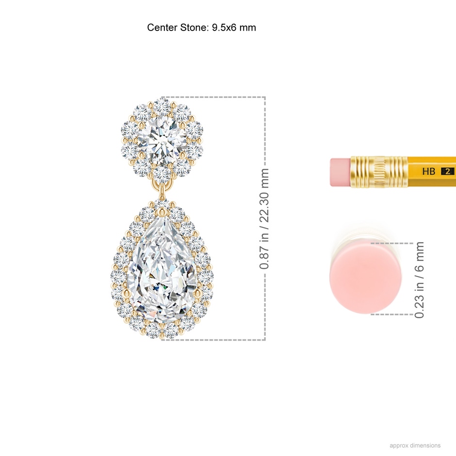 9.5x6mm FGVS Lab-Grown Pear Diamond Halo Drop Earrings in Yellow Gold ruler