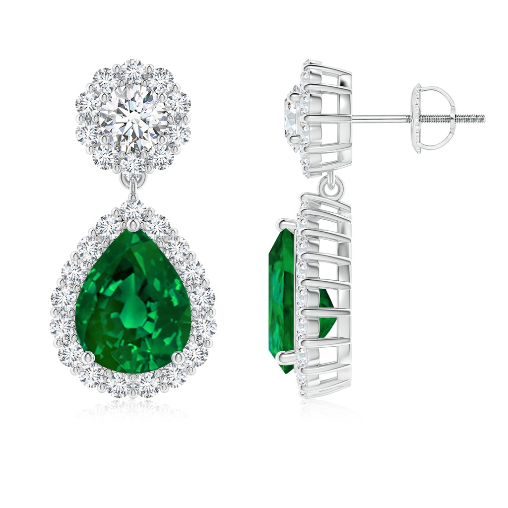 10x8mm Labgrown Lab-Grown Pear Emerald and Diamond Halo Drop Earrings in P950 Platinum