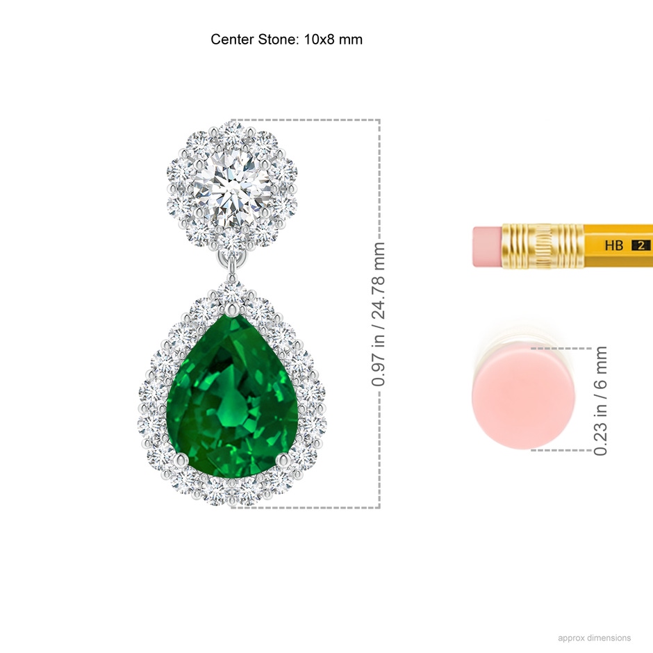 10x8mm Labgrown Lab-Grown Pear Emerald and Diamond Halo Drop Earrings in P950 Platinum ruler