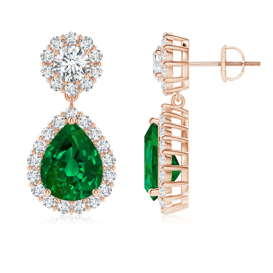 10x8mm Labgrown Lab-Grown Pear Emerald and Diamond Halo Drop Earrings in Rose Gold 