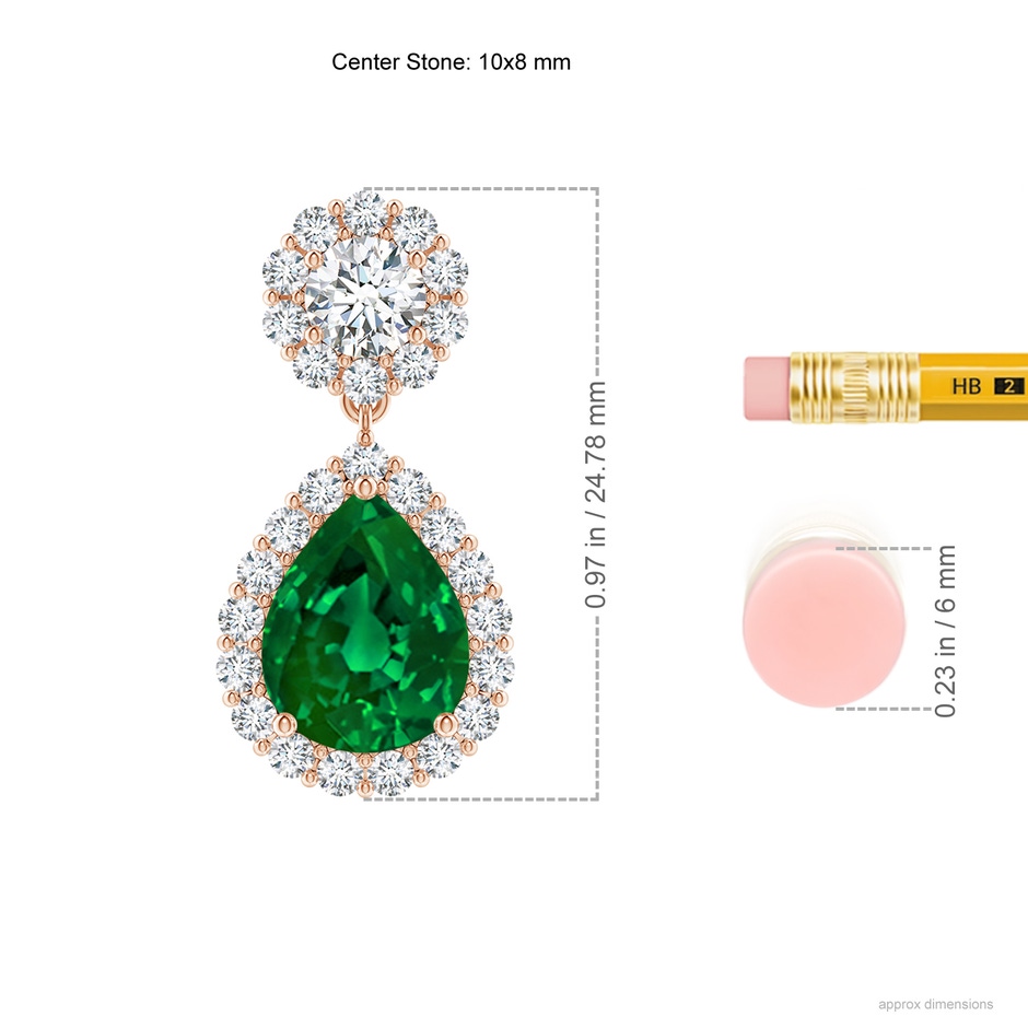 10x8mm Labgrown Lab-Grown Pear Emerald and Diamond Halo Drop Earrings in Rose Gold ruler