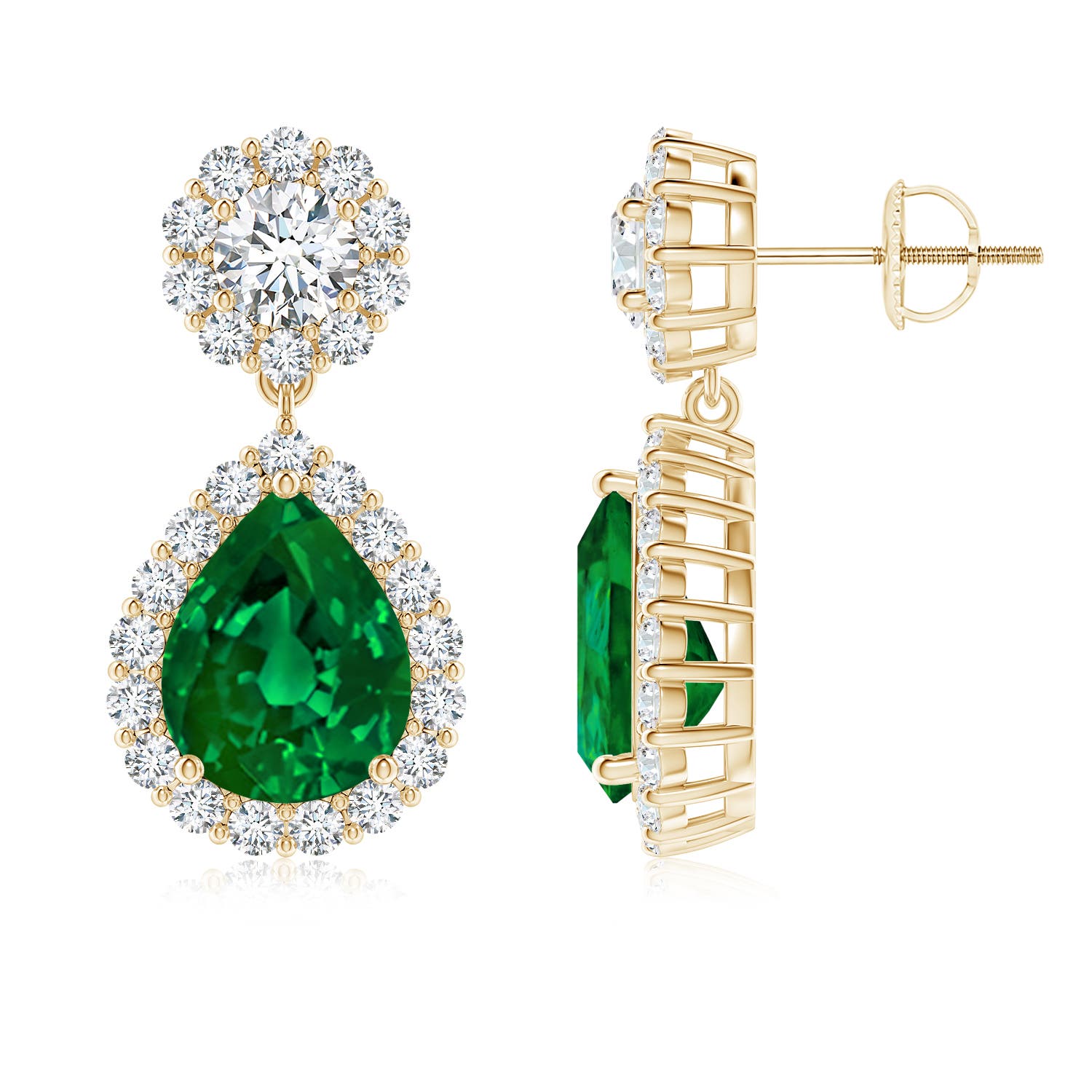 10x8mm Labgrown Lab-Grown Pear Emerald and Diamond Halo Drop Earrings in Yellow Gold