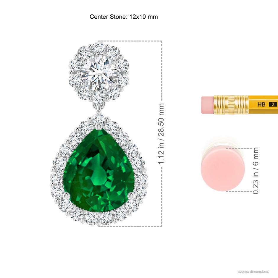 12x10mm Labgrown Lab-Grown Pear Emerald and Diamond Halo Drop Earrings in P950 Platinum ruler