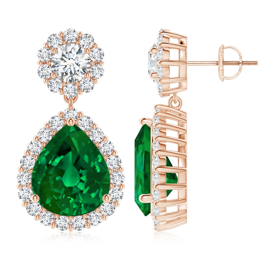 12x10mm Labgrown Lab-Grown Pear Emerald and Diamond Halo Drop Earrings in Rose Gold 