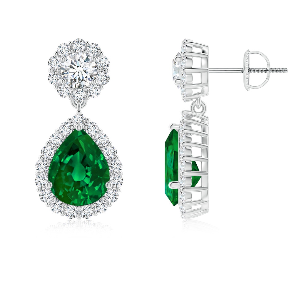 9x7mm Labgrown Lab-Grown Pear Emerald and Diamond Halo Drop Earrings in White Gold