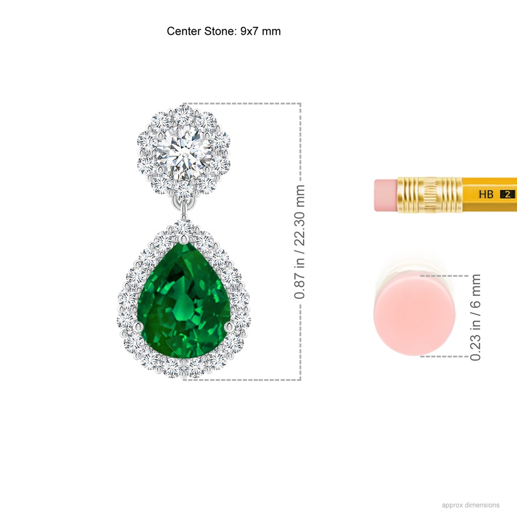 9x7mm Labgrown Lab-Grown Pear Emerald and Diamond Halo Drop Earrings in White Gold ruler