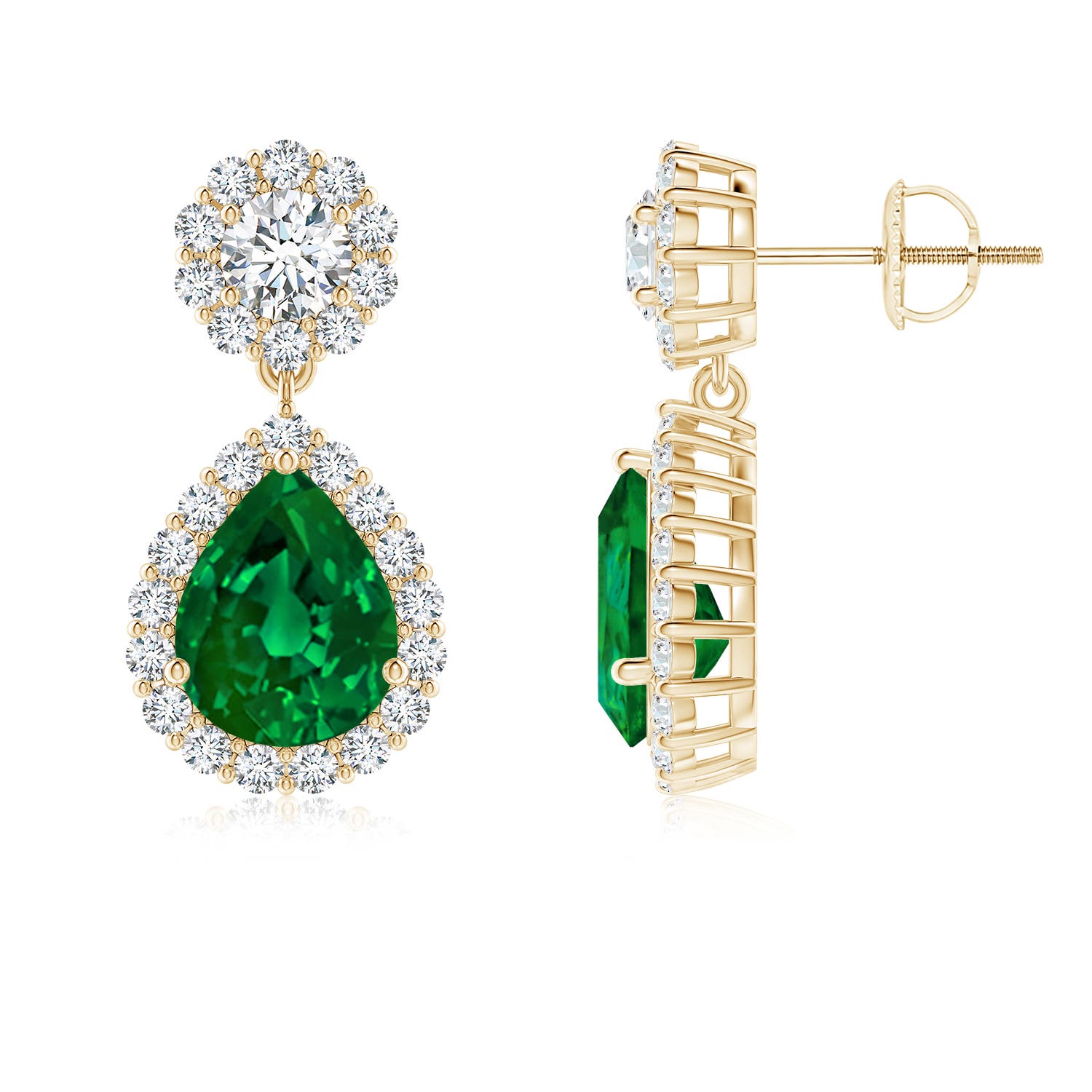 9x7mm Labgrown Lab-Grown Pear Emerald and Diamond Halo Drop Earrings in Yellow Gold