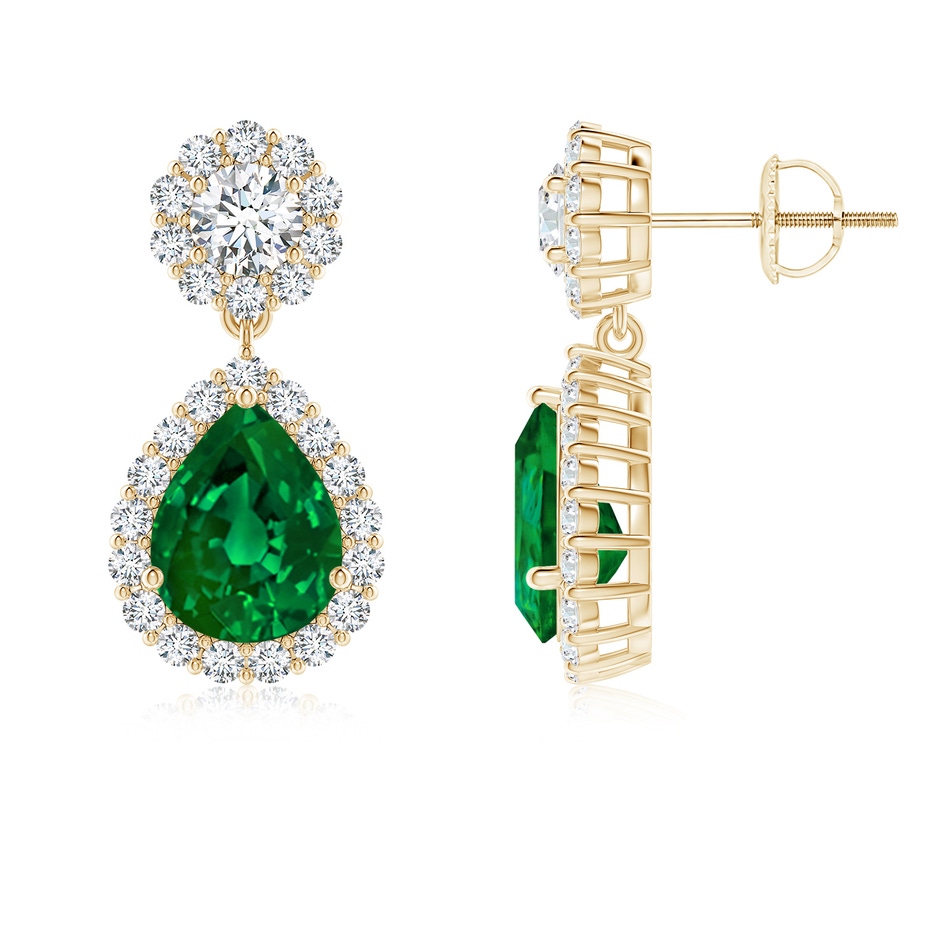 9x7mm Labgrown Lab-Grown Pear Emerald and Diamond Halo Drop Earrings in Yellow Gold 