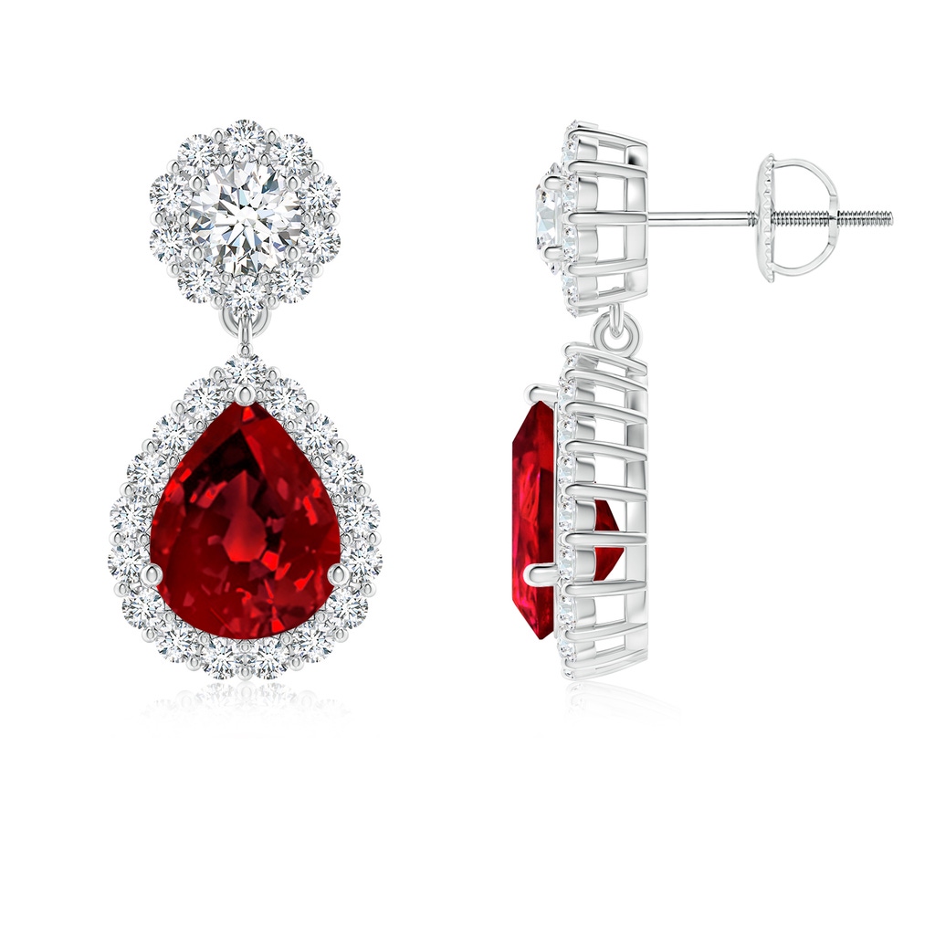9x7mm Labgrown Lab-Grown Pear Ruby and Diamond Halo Drop Earrings in White Gold