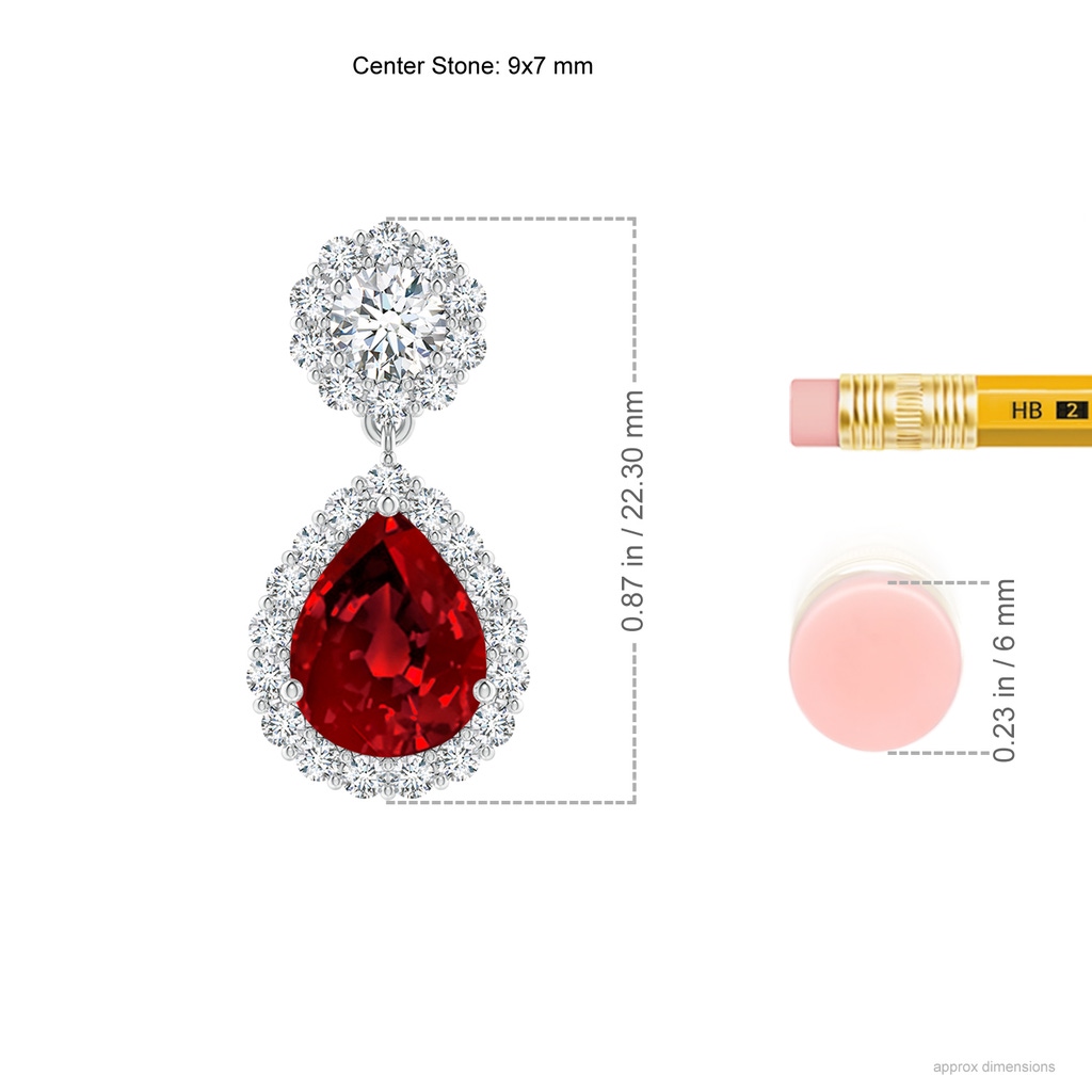 9x7mm Labgrown Lab-Grown Pear Ruby and Diamond Halo Drop Earrings in White Gold ruler