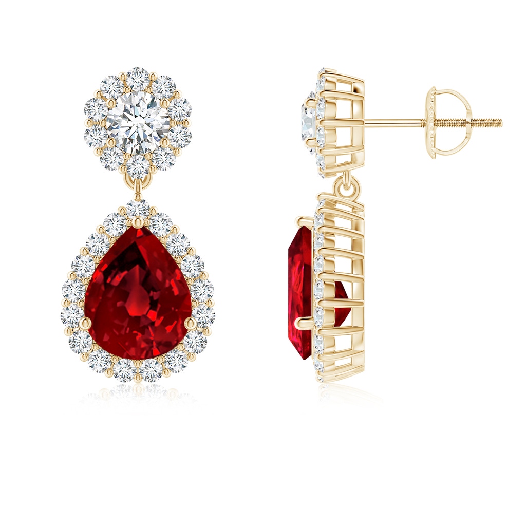 9x7mm Labgrown Lab-Grown Pear Ruby and Diamond Halo Drop Earrings in Yellow Gold