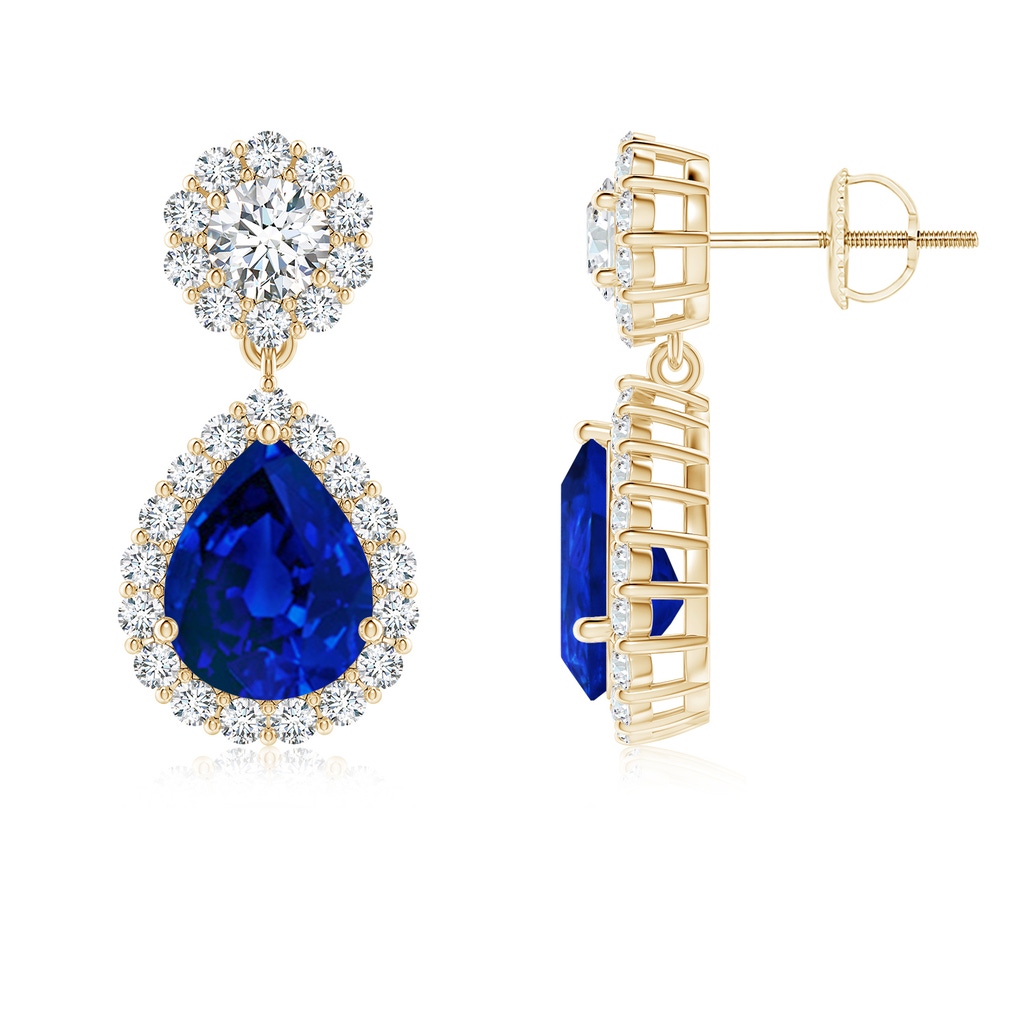 9x7mm Labgrown Lab-Grown Pear Blue Sapphire and Diamond Halo Drop Earrings in Yellow Gold