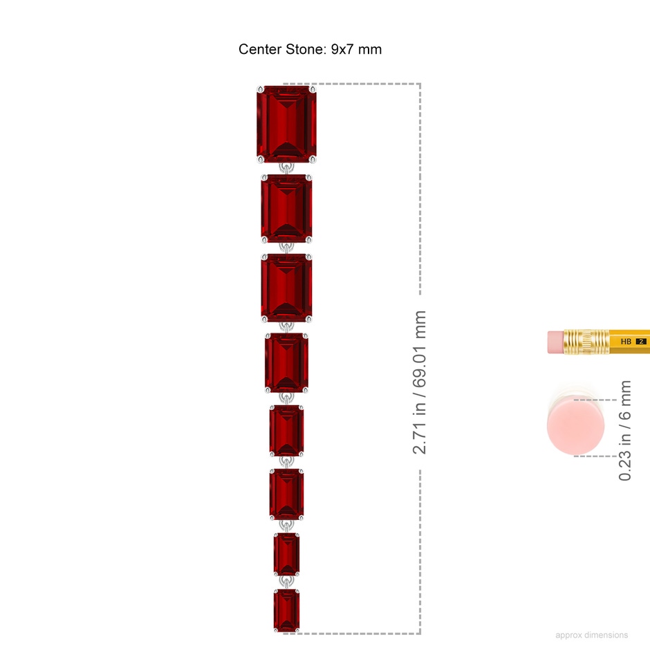 9x7mm Labgrown Lab-Grown Graduated Emerald-Cut Ruby Long Dangle Earrings in P950 Platinum ruler