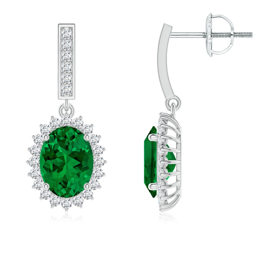 8x6mm Labgrown Lab-Grown Oval Emerald Halo Drop Earrings in White Gold