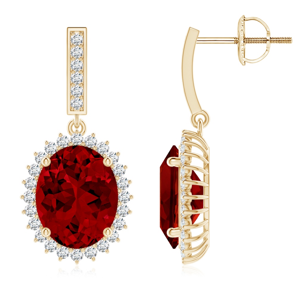 10x8mm Labgrown Lab-Grown Oval Ruby Halo Drop Earrings in Yellow Gold