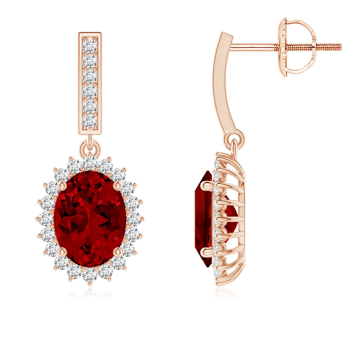 8x6mm Labgrown Lab-Grown Oval Ruby Halo Drop Earrings in Rose Gold