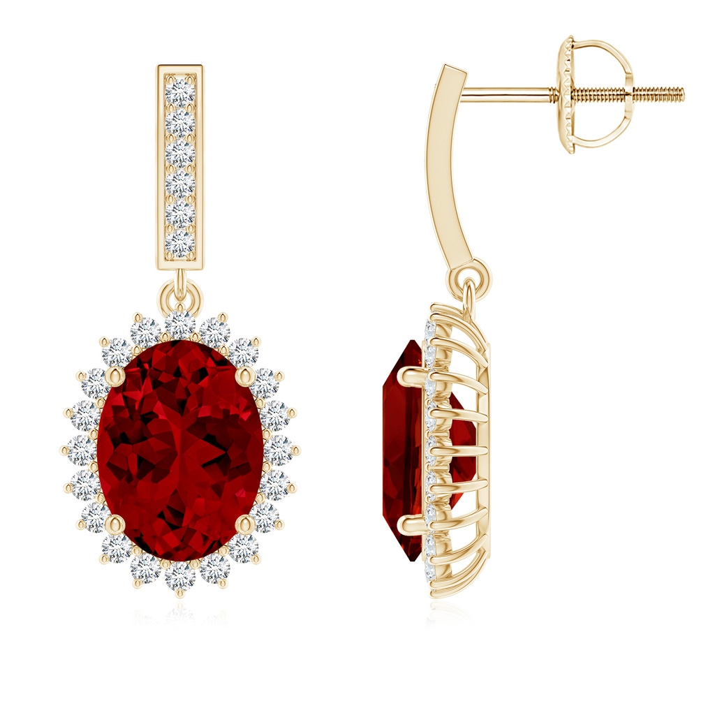 9x7mm Labgrown Lab-Grown Oval Ruby Halo Drop Earrings in Yellow Gold