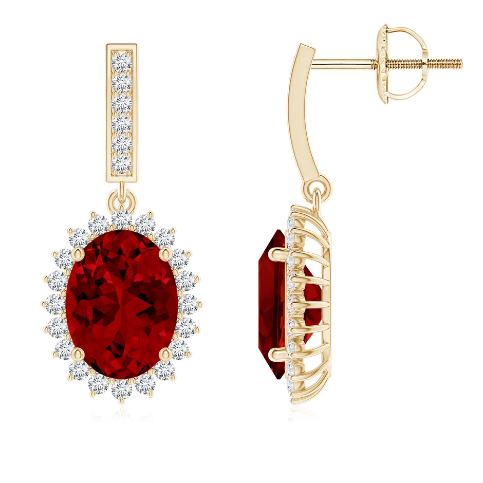 9x7mm Labgrown Lab-Grown Oval Ruby Halo Drop Earrings in Yellow Gold 