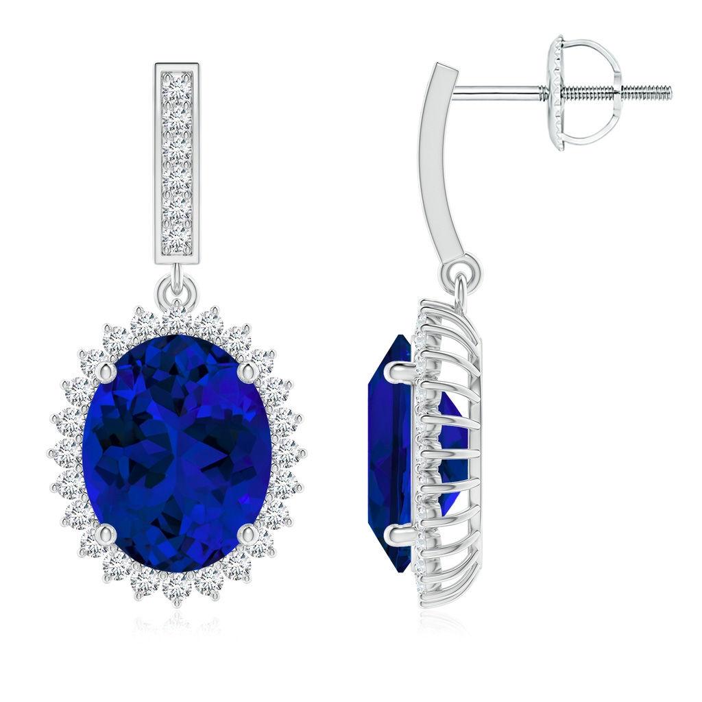 10x8mm Labgrown Lab-Grown Oval Blue Sapphire Halo Drop Earrings in White Gold