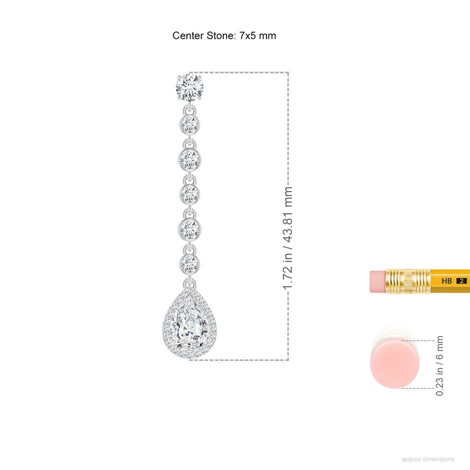 7x5mm FGVS Lab-Grown Pear Diamond Halo Drop Earrings with Bezel-Set Accents in White Gold ruler