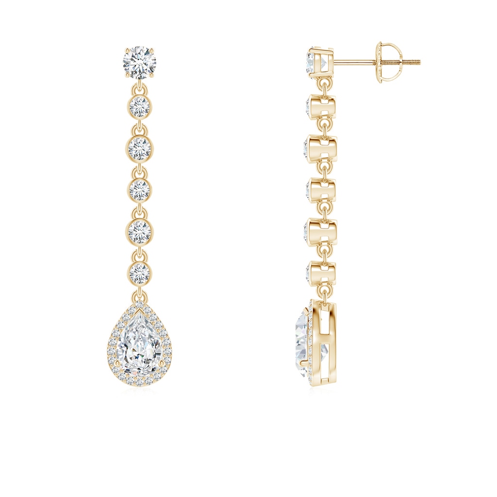 7x5mm FGVS Lab-Grown Pear Diamond Halo Drop Earrings with Bezel-Set Accents in Yellow Gold