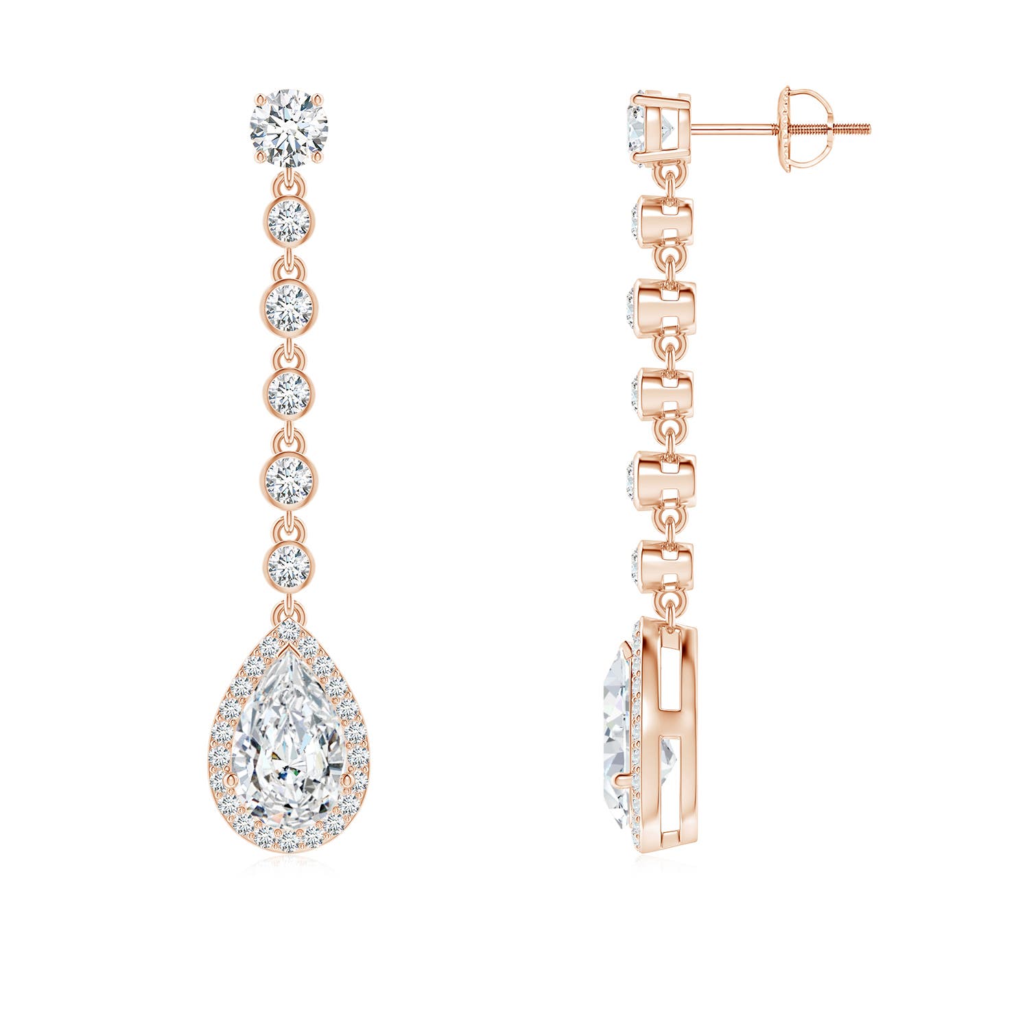 9.5x6mm FGVS Lab-Grown Pear Diamond Halo Drop Earrings with Bezel-Set Accents in 18K Rose Gold