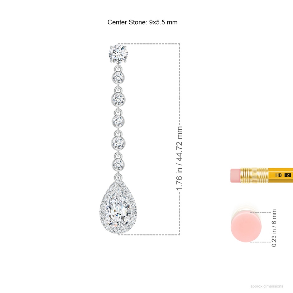9x5.5mm FGVS Lab-Grown Pear Diamond Halo Drop Earrings with Bezel-Set Accents in White Gold ruler