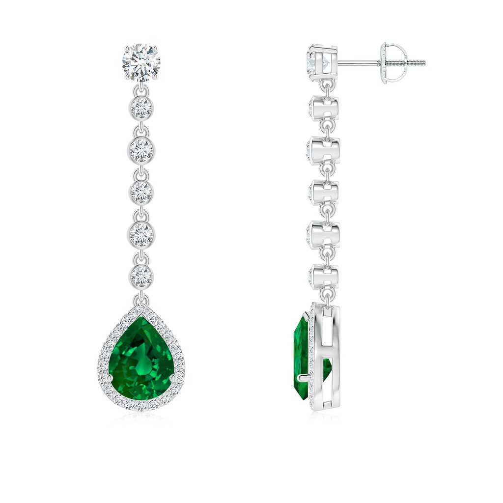 9x7mm Labgrown Lab-Grown Pear Emerald Halo Drop Earrings with Bezel-Set Accents in White Gold