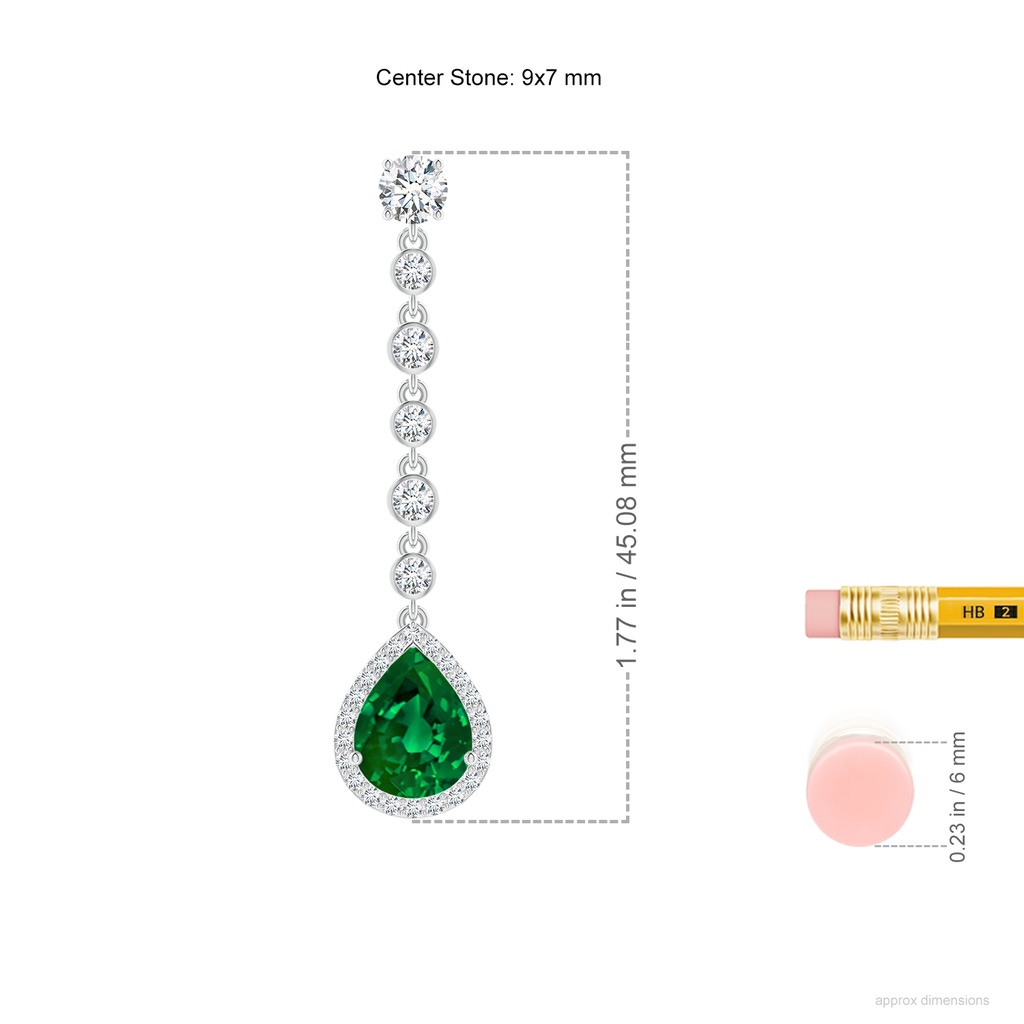 9x7mm Labgrown Lab-Grown Pear Emerald Halo Drop Earrings with Bezel-Set Accents in White Gold ruler