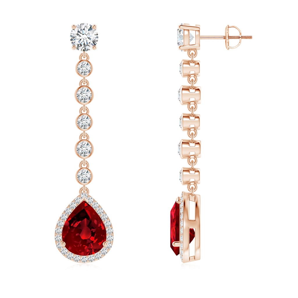 10x8mm Labgrown Lab-Grown Pear Ruby Halo Drop Earrings with Bezel-Set Accents in Rose Gold