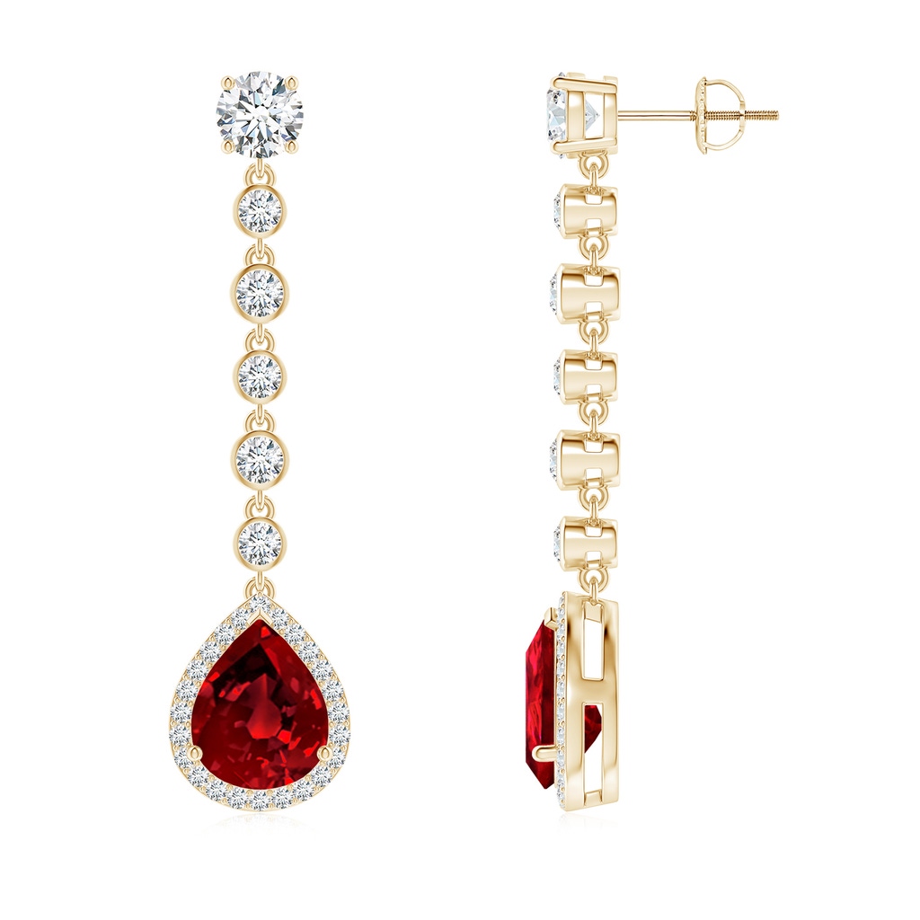 10x8mm Labgrown Lab-Grown Pear Ruby Halo Drop Earrings with Bezel-Set Accents in Yellow Gold