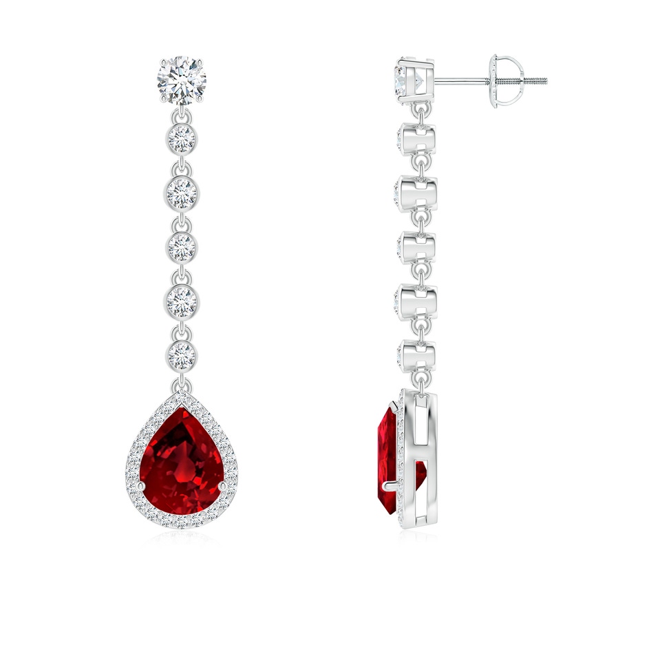 9x7mm Labgrown Lab-Grown Pear Ruby Halo Drop Earrings with Bezel-Set Accents in White Gold 