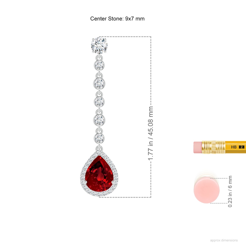 9x7mm Labgrown Lab-Grown Pear Ruby Halo Drop Earrings with Bezel-Set Accents in White Gold ruler