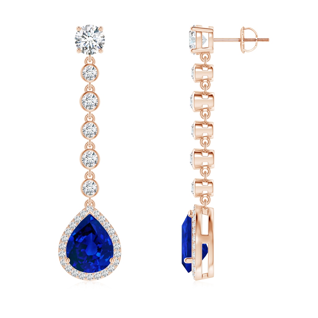 10x8mm Labgrown Lab-Grown Pear Blue Sapphire Halo Drop Earrings with Bezel-Set Accents in Rose Gold