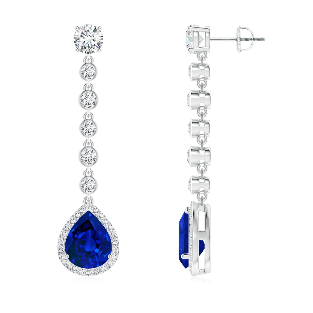 10x8mm Labgrown Lab-Grown Pear Blue Sapphire Halo Drop Earrings with Bezel-Set Accents in White Gold