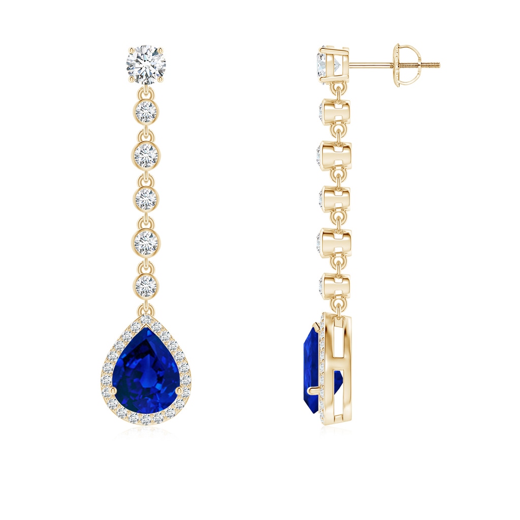 9x7mm Labgrown Lab-Grown Pear Blue Sapphire Halo Drop Earrings with Bezel-Set Accents in Yellow Gold