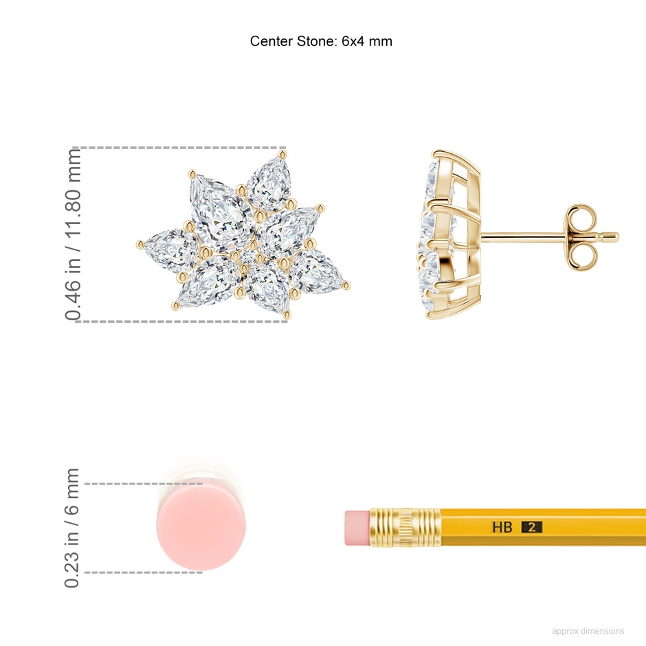 6x4mm FGVS Pear Lab-Grown Diamond Clustre Floral Stud Earrings in Yellow Gold ruler