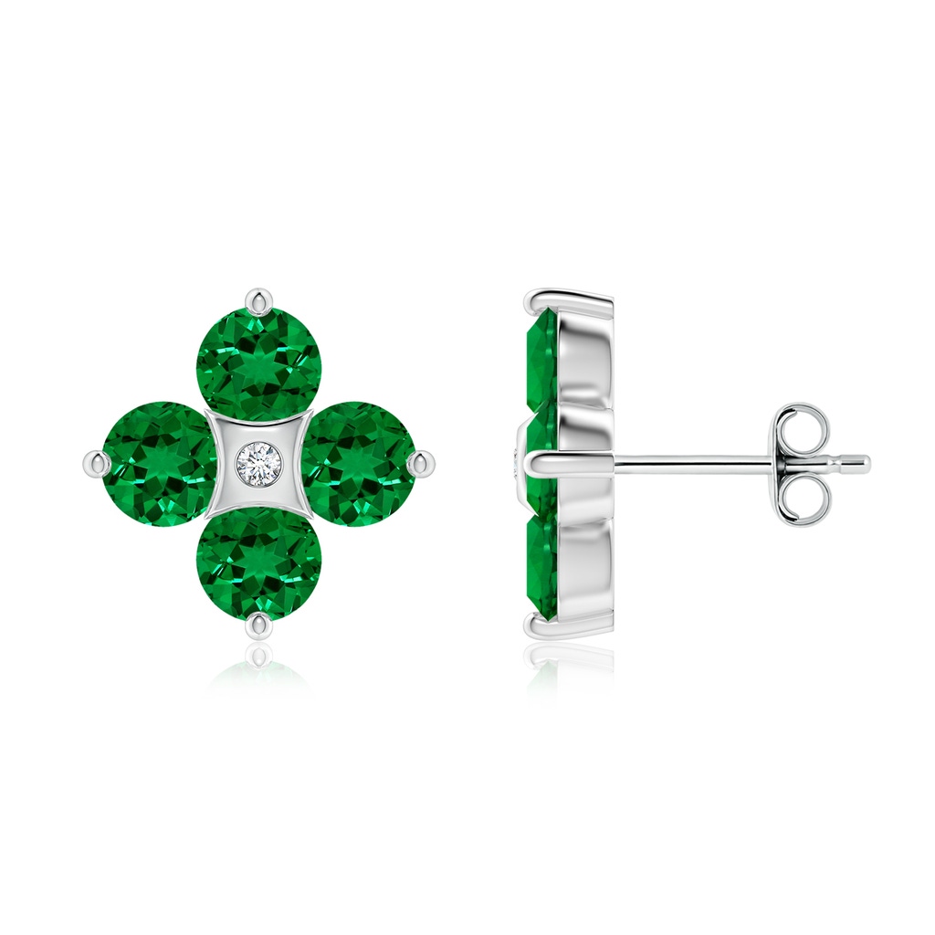 4.5mm Labgrown Nature Inspired Round Lab-Grown Emerald and Diamond Flower Stud Earrings in White Gold