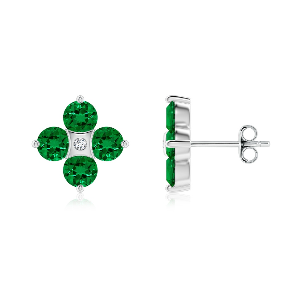 4mm Labgrown Nature Inspired Round Lab-Grown Emerald and Diamond Flower Stud Earrings in 18K White Gold 