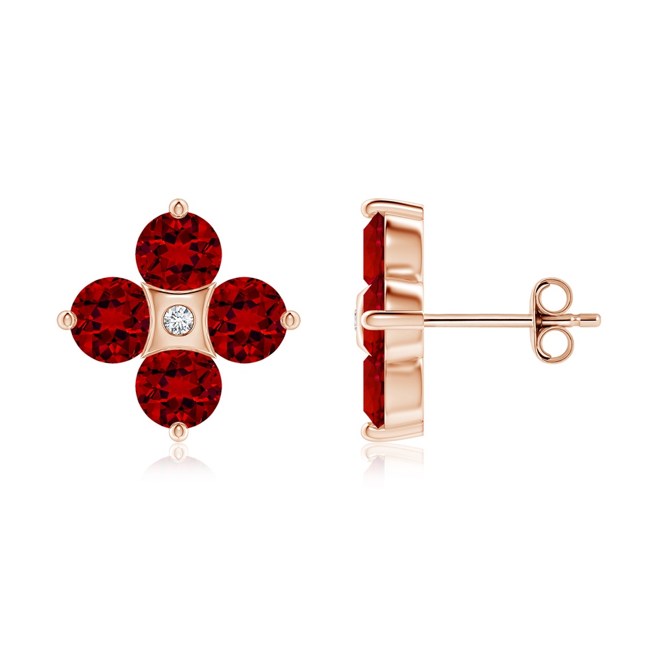 4.5mm Labgrown Nature Inspired Round Lab-Grown Ruby and Diamond Flower Stud Earrings in Rose Gold 