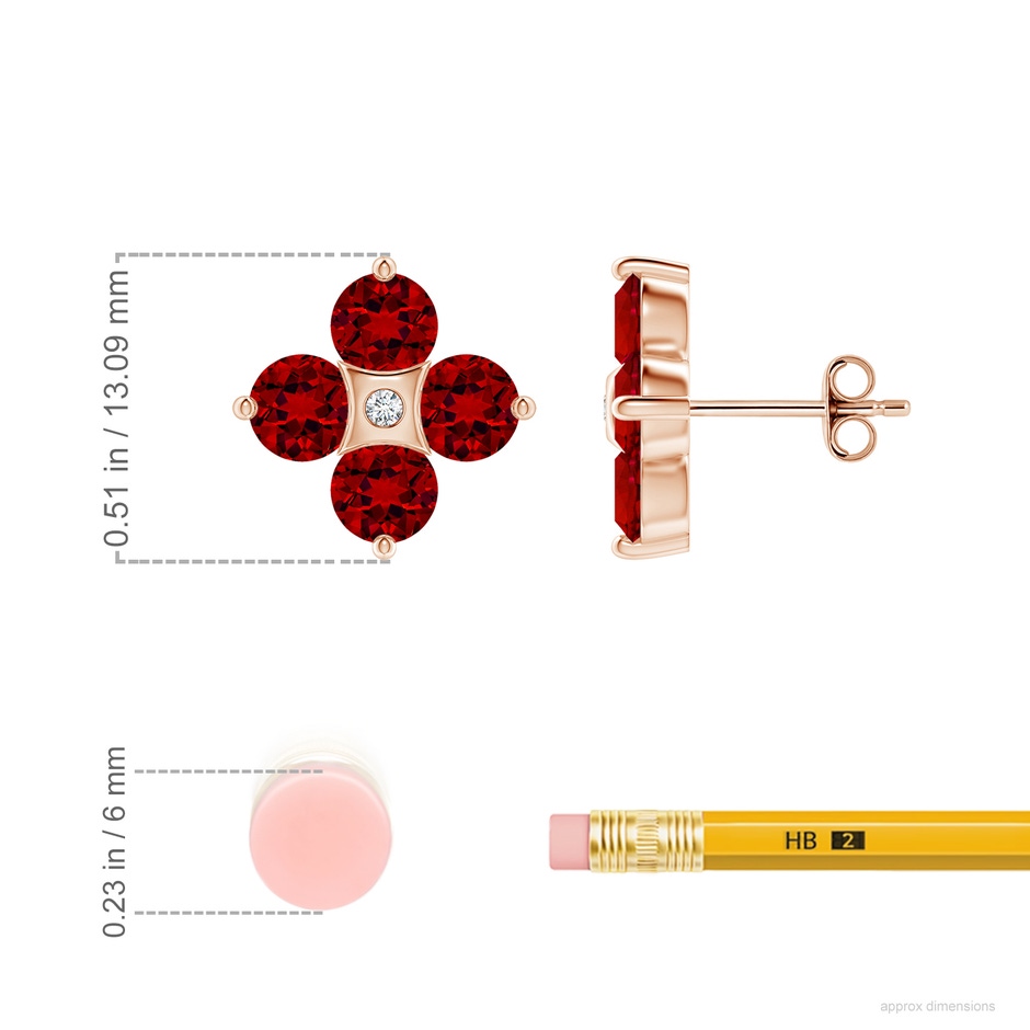 4.5mm Labgrown Nature Inspired Round Lab-Grown Ruby and Diamond Flower Stud Earrings in Rose Gold ruler