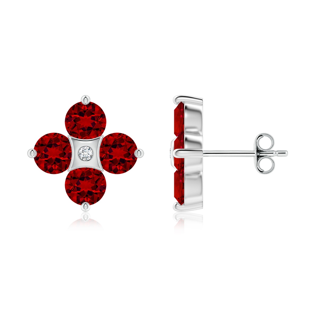 4.5mm Labgrown Nature Inspired Round Lab-Grown Ruby and Diamond Flower Stud Earrings in White Gold