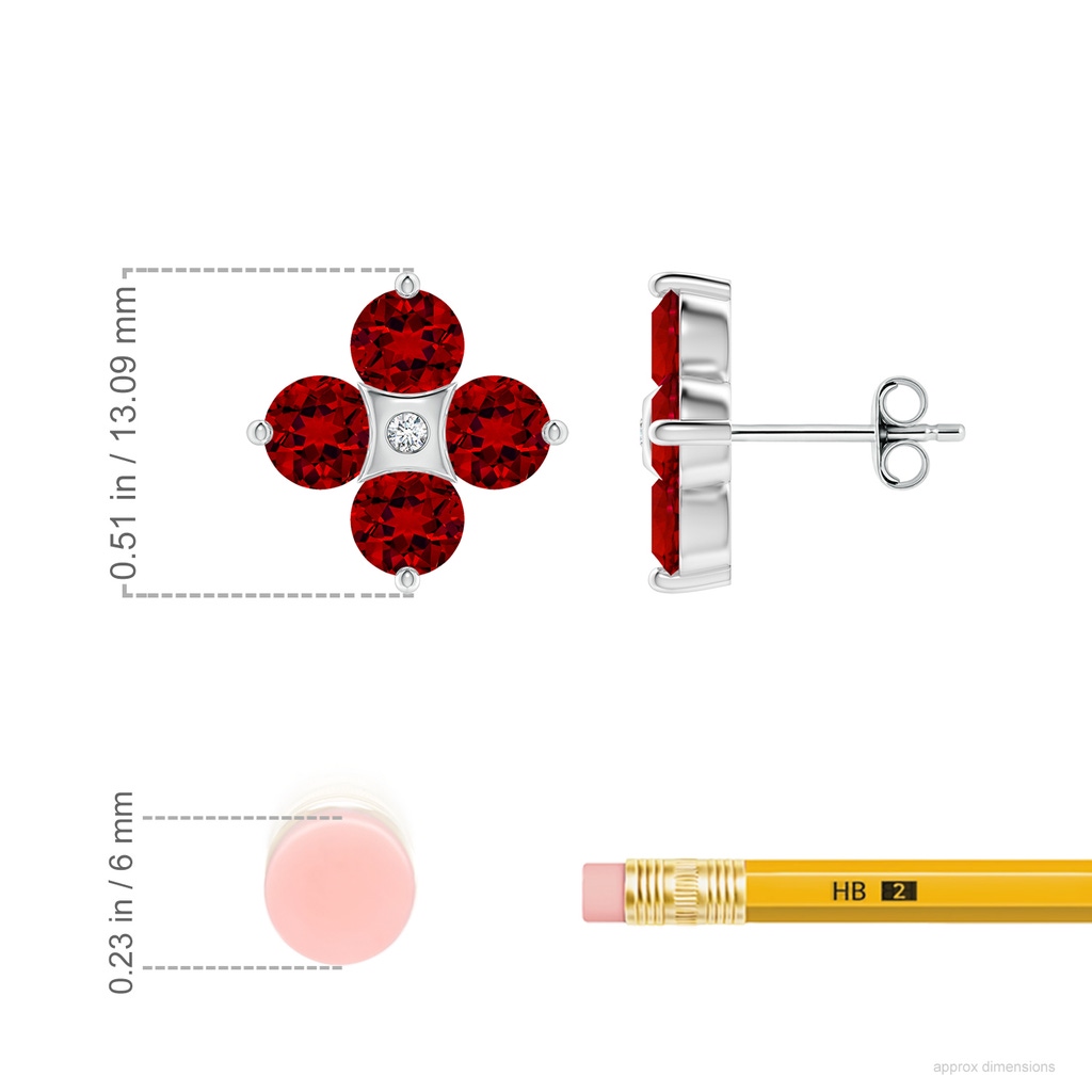 4.5mm Labgrown Nature Inspired Round Lab-Grown Ruby and Diamond Flower Stud Earrings in White Gold ruler