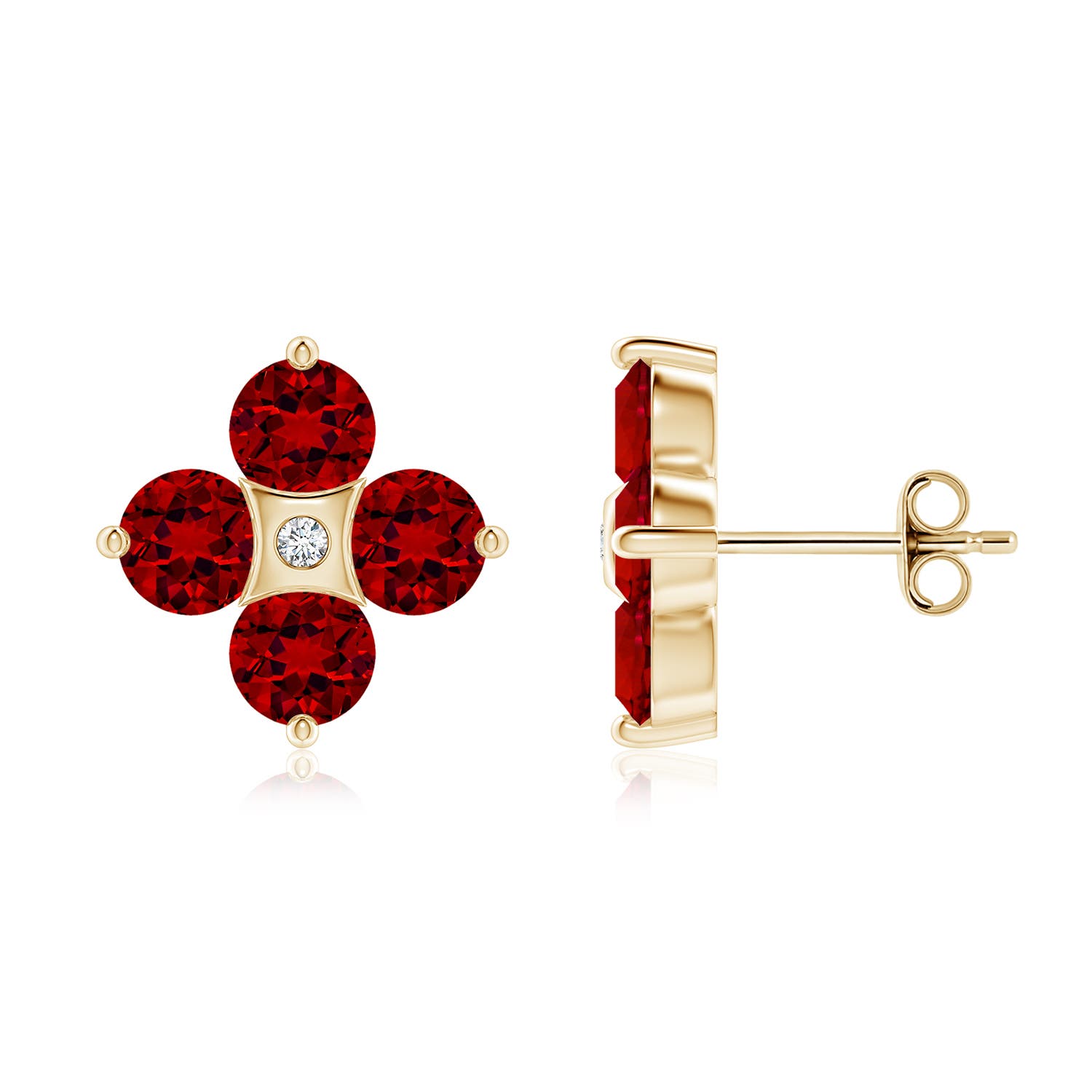 4.5mm Labgrown Nature Inspired Round Lab-Grown Ruby and Diamond Flower Stud Earrings in Yellow Gold
