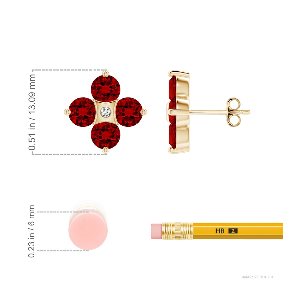 4.5mm Labgrown Nature Inspired Round Lab-Grown Ruby and Diamond Flower Stud Earrings in Yellow Gold ruler