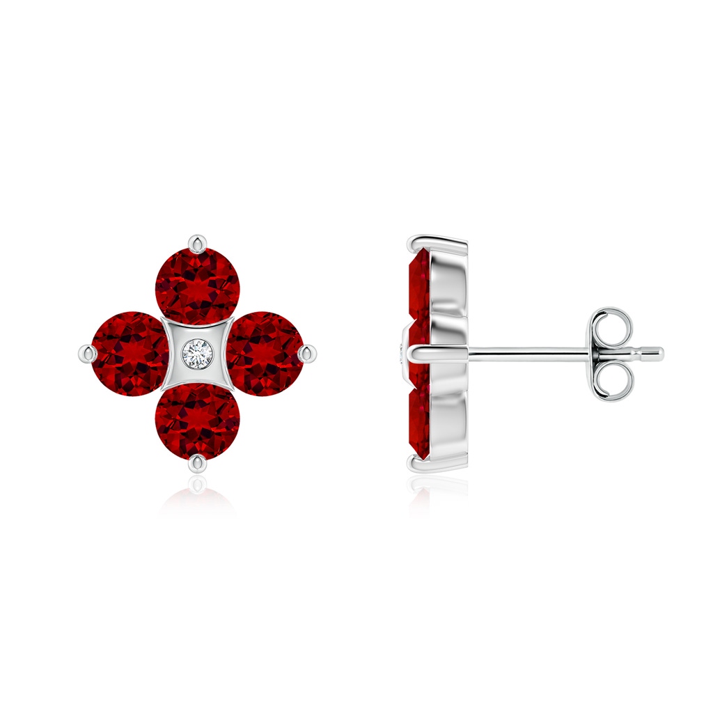 4mm Labgrown Nature Inspired Round Lab-Grown Ruby and Diamond Flower Stud Earrings in 18K White Gold